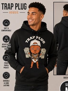 Hand Crafted Black Trap Plug Graphic Hoodie MEDIUM